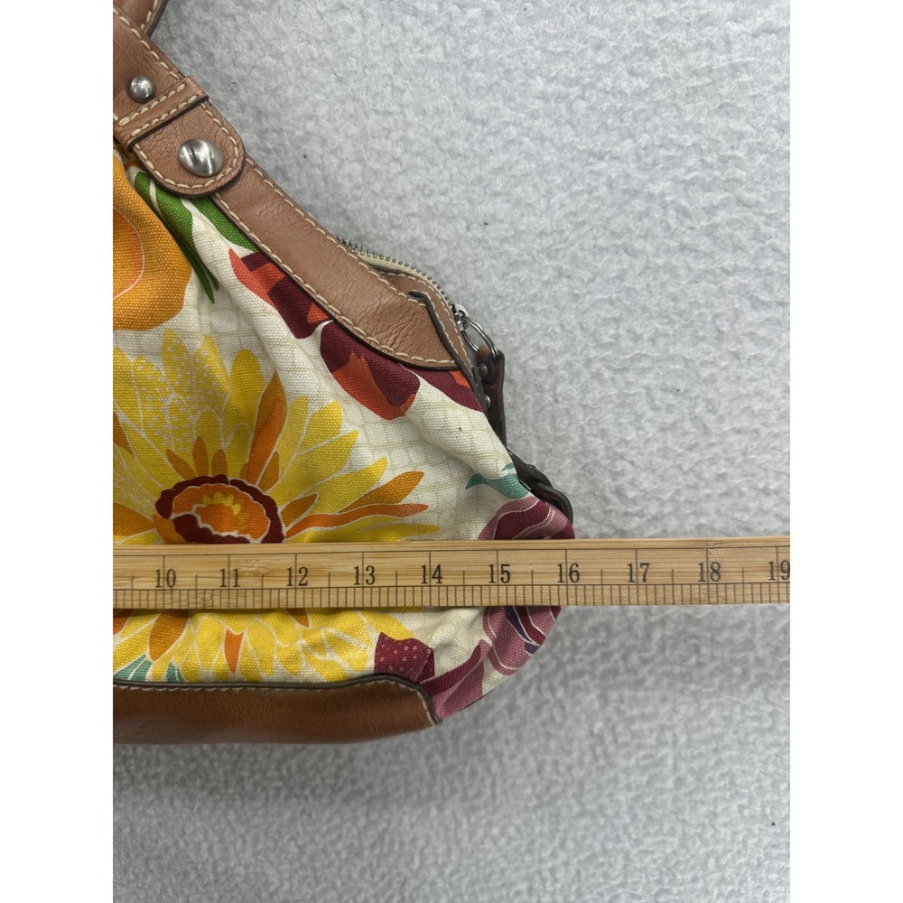 Fossil Floral Print Canvas Handbag Purse Satchel Brown Leather Trim - Picture 4 of 13